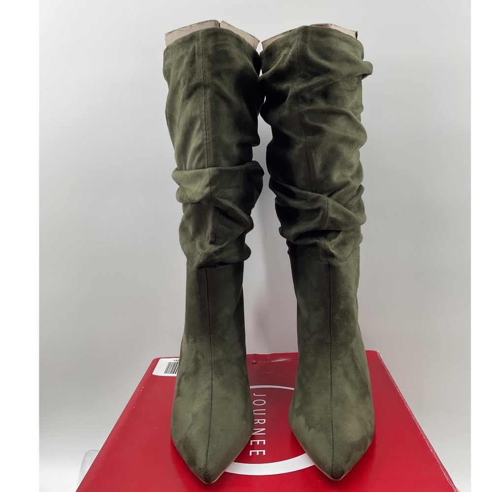 Journee Collection Olive Green Faux Suede Slouchy Pointed Toe Stiletto Boots